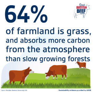64% of farmland is grass, and absorbs more carbon from the atmosphere than slow growing forests